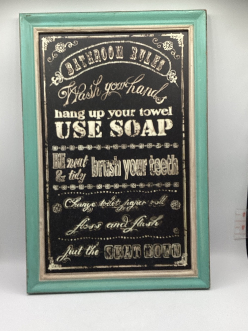 Bathroom Rules Decorative Wall Sign in Teal Frame